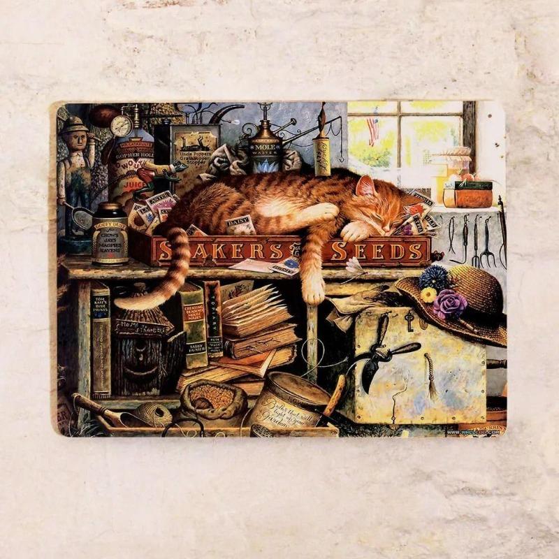 Cats In a Shop Metal Wall Art 20x30cm, Vintage Retro Decor Plaque