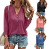 Women's Casual Loose V-neck Button Decoration 3/4 Sleeves Solid Color T-shirt for Women