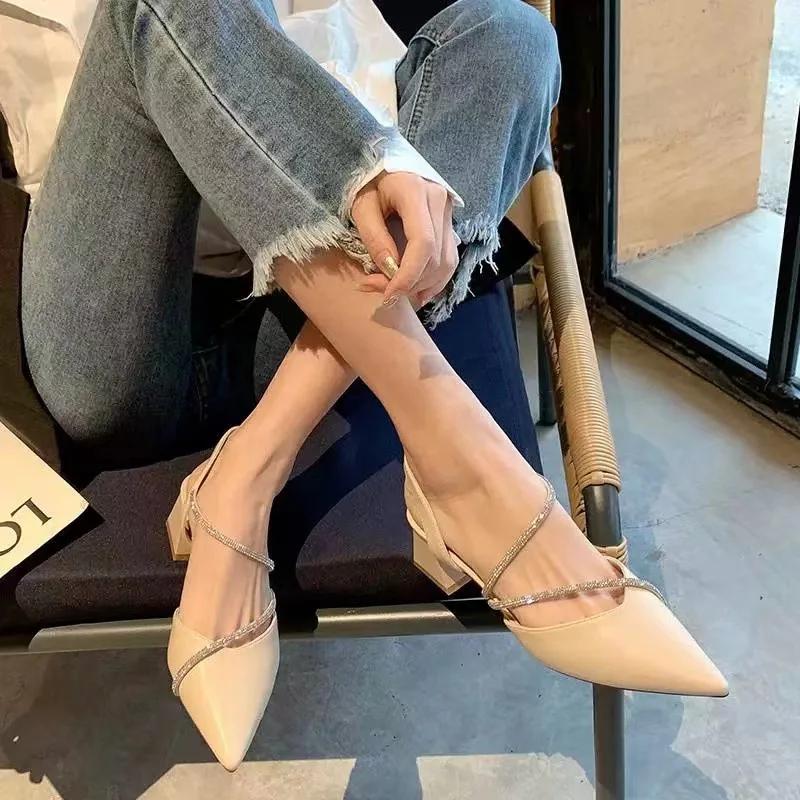 Fashion New Women's Fashion Comfortable High Heels Women's Shoes Slip-on Pointed Toe Rhinestone Sandals Zapatillas Mujer