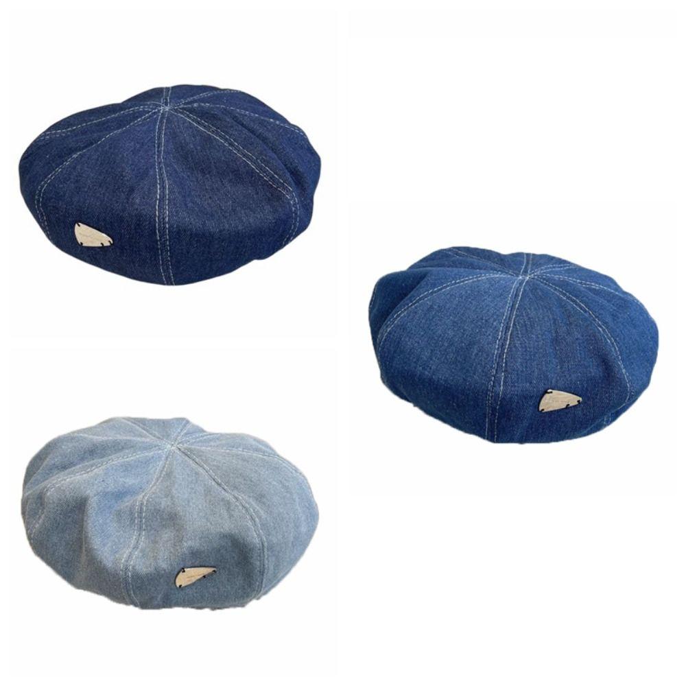 Korean Style Cloud Cowboy Cap Solid Color Denim Octagonal Hat Retro Denim Beret Ladies