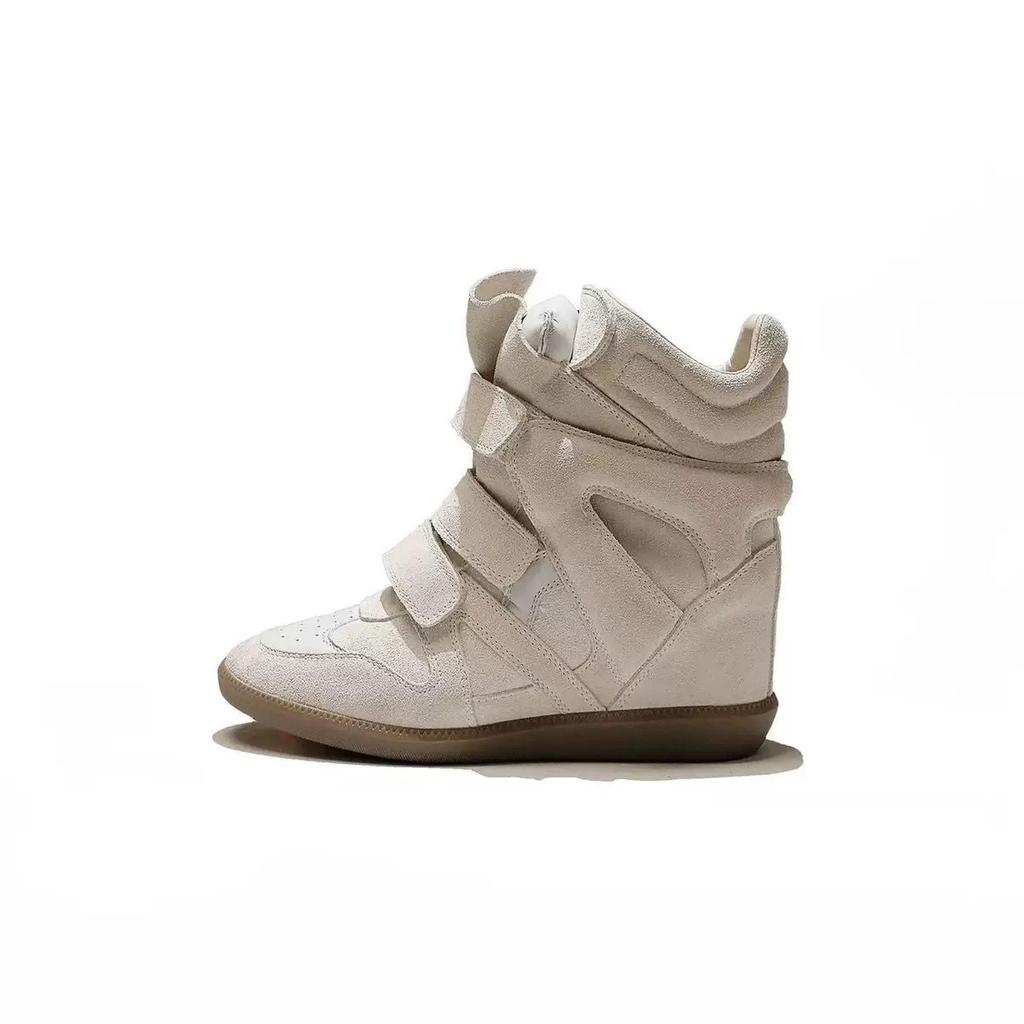 Стиль Невидимые Внутренние Увеличивающие Рост Женские Туфли 8 См Наклонный Каблук Липучка Спортивная Обувь Кожа Высокий Голенище Сочетание Цветов Повседневная Обувь