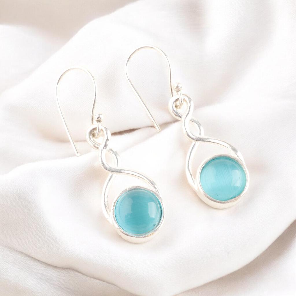 Привлекательные серьги ручной работы из стерлингового серебра 925 пробы с камнем «кошачий глаз» синего цвета, 1,68" CE-15-43