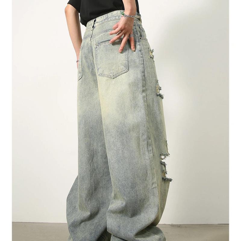 Мужские джинсы в корейском ретро-стиле, молодежные стритвир, широкие, мешковатые, рваные, полной длины, потертые, стирка деним