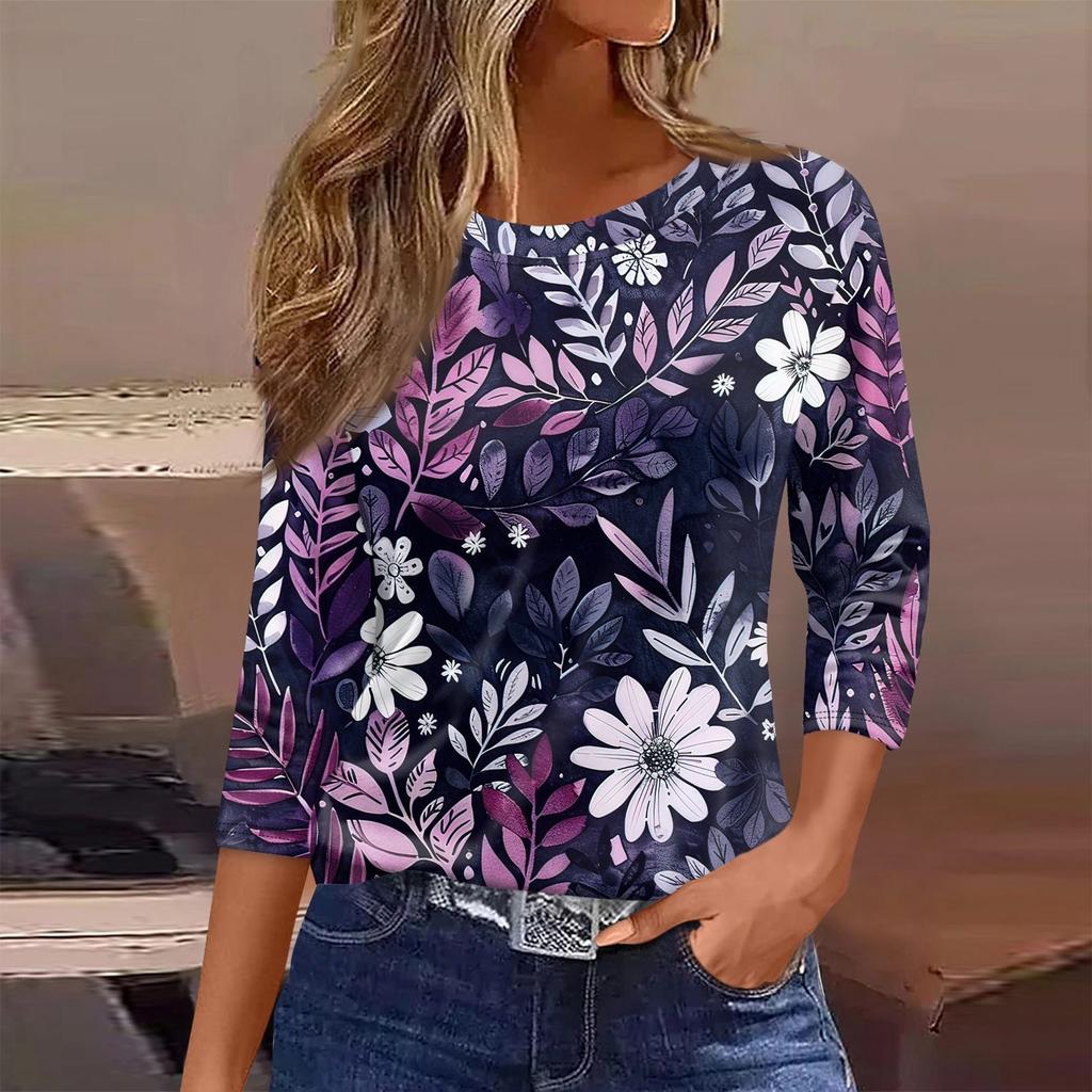 Женская футболка с принтом, рукав 3/4, повседневная, модная, на выходные, базовая, с круглым вырезом, стандартный топ