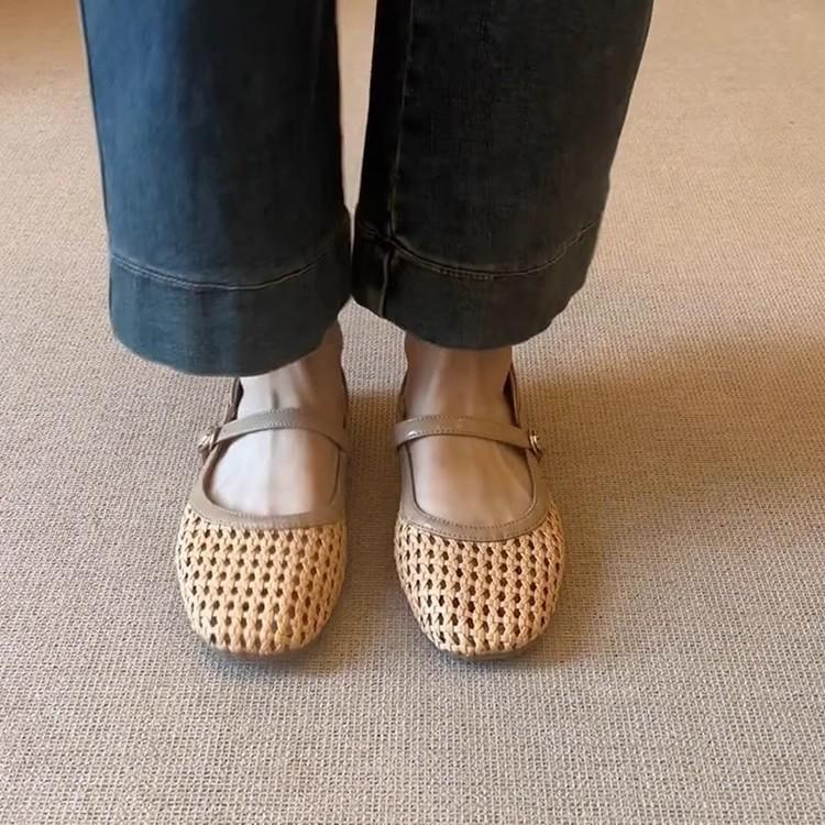 Commuter Version~ French Literary and Artistic Style Woven Hollowed-out Outer Wear Breathable Mary Jane Sandals Women's Word with Flat Shoes