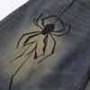 Men's Retro Distressed Hand-Painted Spider Denim Shorts - Loose Fit, Blue, Summer Straight-Leg Style