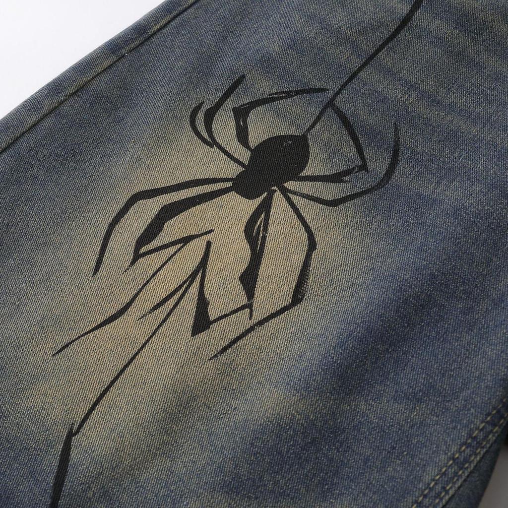 Men's Retro Distressed Hand-Painted Spider Denim Shorts - Loose Fit, Blue, Summer Straight-Leg Style