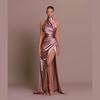 2023 Autumn Stylish Halter Sleeveless Slit Evening Dress with Stand-Up Collar
