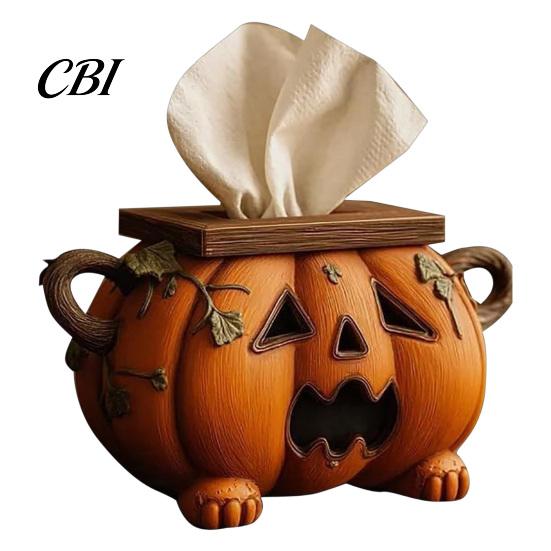 Functional Holiday Decor Halloween Pumpkin Tissue Box, Resin Decorative Facial Dispenser, Table Creative Paper Towel Holder for Kitchen Counter Party