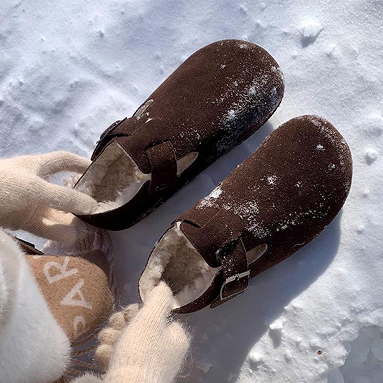 Boken shoes with wool and thickened leather fur shoes to wear outside 2025 winter big head shoes retro Japanese shit-feeling cotton shoes