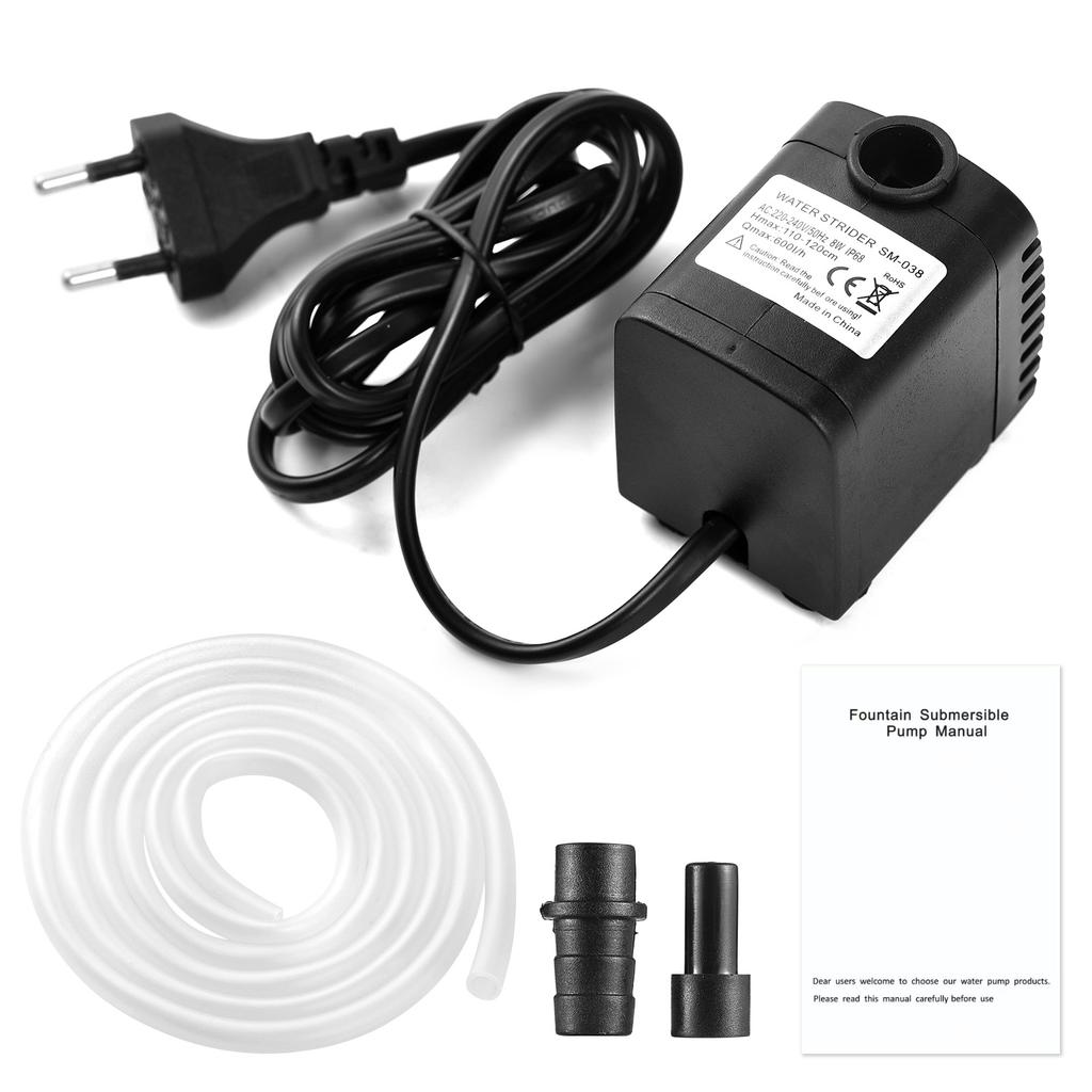 Submersible Water Pump 8W Adjustable Max 600L H Flow Small Fountain Pump with IP68 Waterproof 4 Suction Cup Base Max