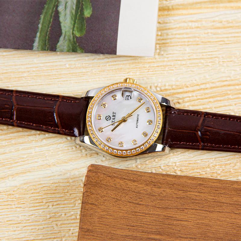 Start Женские часы с перламутровым циферблатом, модные повседневные автоматические механические часы, водонепроницаемые кожаные часы с функцией даты