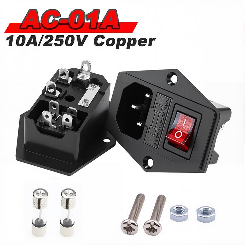 5pcs 10A 250V 3Pin AC Power Socket with Fuse Holder Rocker Switch NEW AC Power Cord Inlet Plug Socket C13 C14