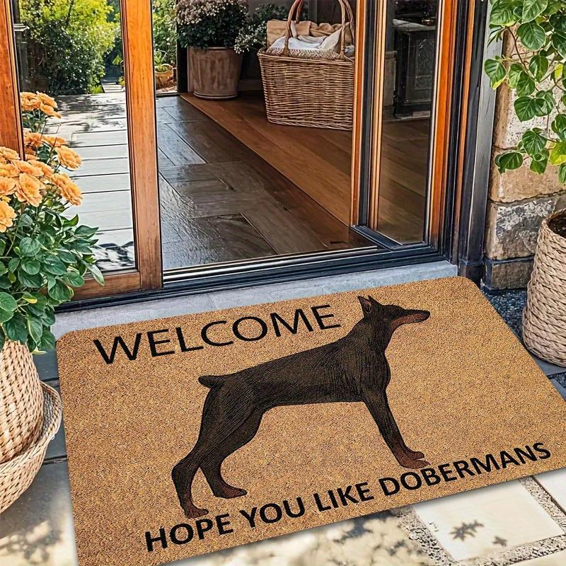 A Doberman Pinscher and "welcome Hope You Like Dobermans" Text Print Pattern Entrance Welcome Mat, with a Sponge Thickness of 1.19 cm - 600 Grams Per
