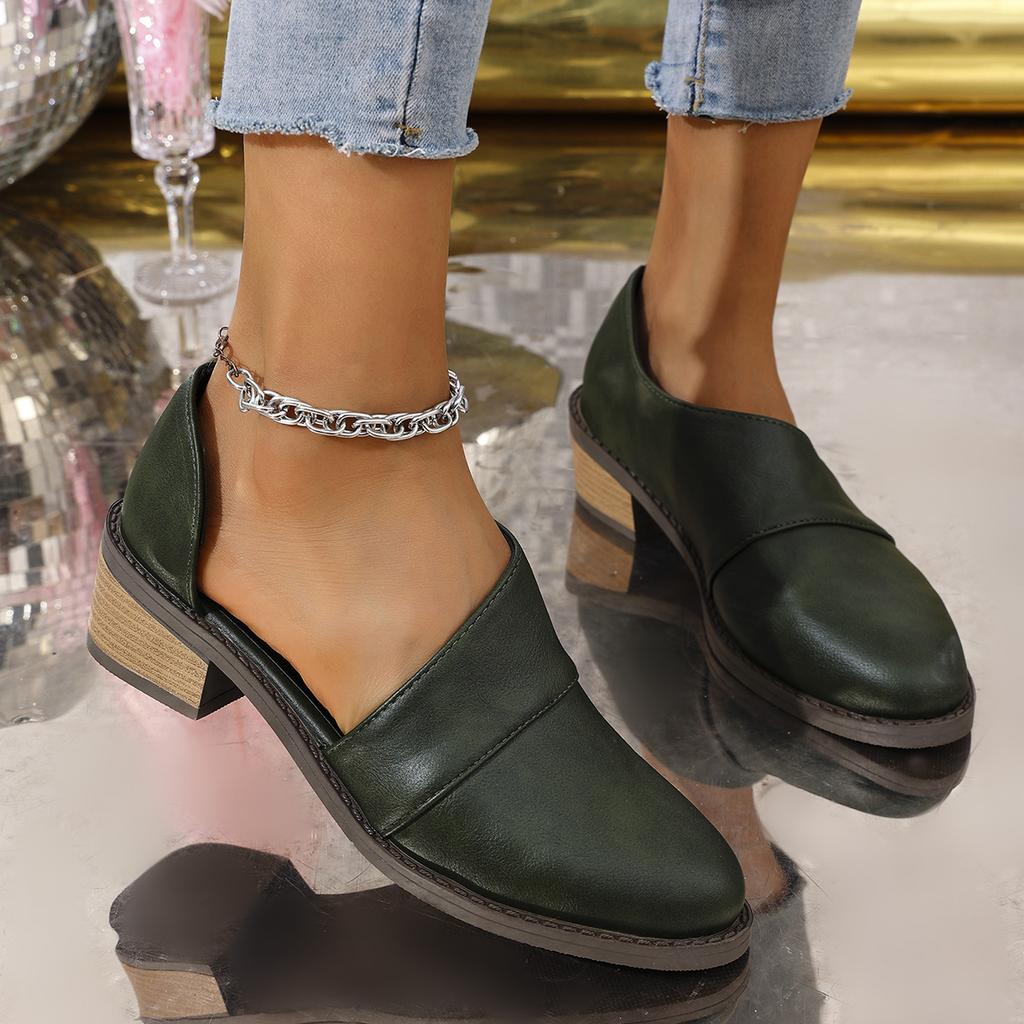 Fashion Women's Chic Pointed Toe Low Top Chunky Heel Shoes Side Cut Out Design Oxford Shoes Casual Open-toe Low-heeled Leather Shoes