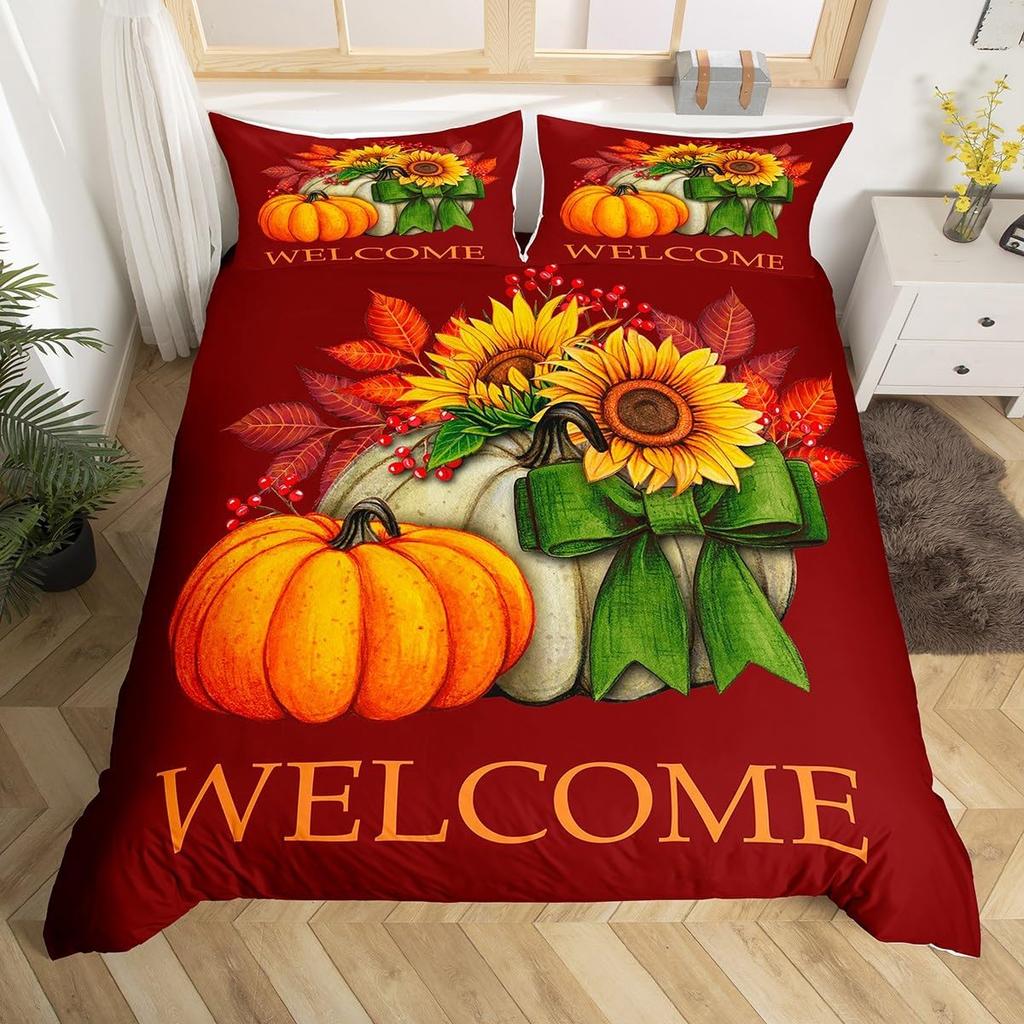 Happy Thanksgiving Duvet Cover Fall Maple Leaf Bedding Set Microfiber Gnome Gold Pumpkin Farm Harvest Comforter Cover Twin King