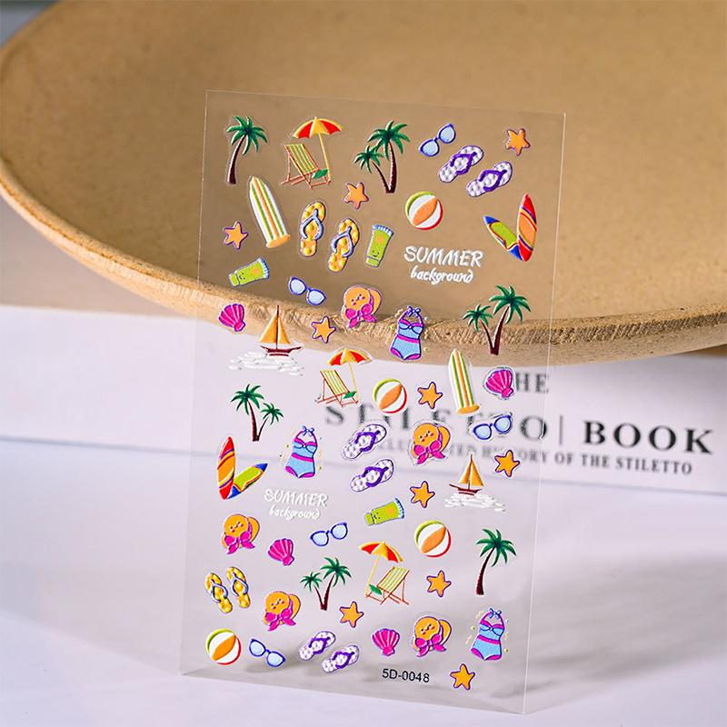 Красочные 5D рельефные наклейки для ногтей в стиле океана, морская звезда, ракушка, кокосовая пальма, трехмерные рельефные наклейки для ногтей