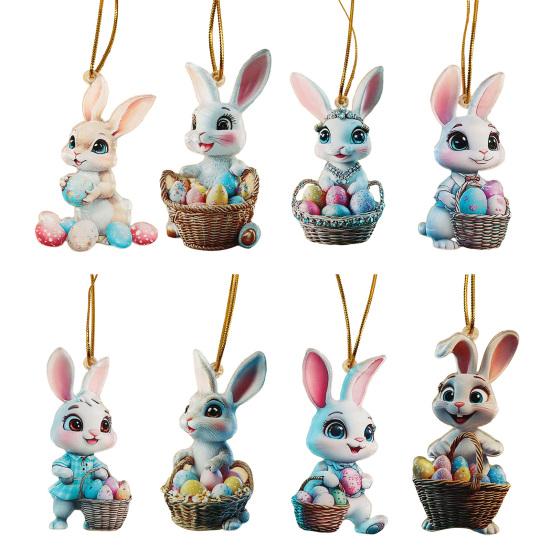 Easter Bunny Ornament 2D Flat Acrylic Bunny Car Rearview Mirror Charm Cartoon Bunny Egg Hanging