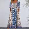 Summer Lady Dress Pleated Ethnic Style Print A-line Loose Hem Side Pockets Round Neck Soft Bohemian Short Sleeves Mid-calf Length Women Daily