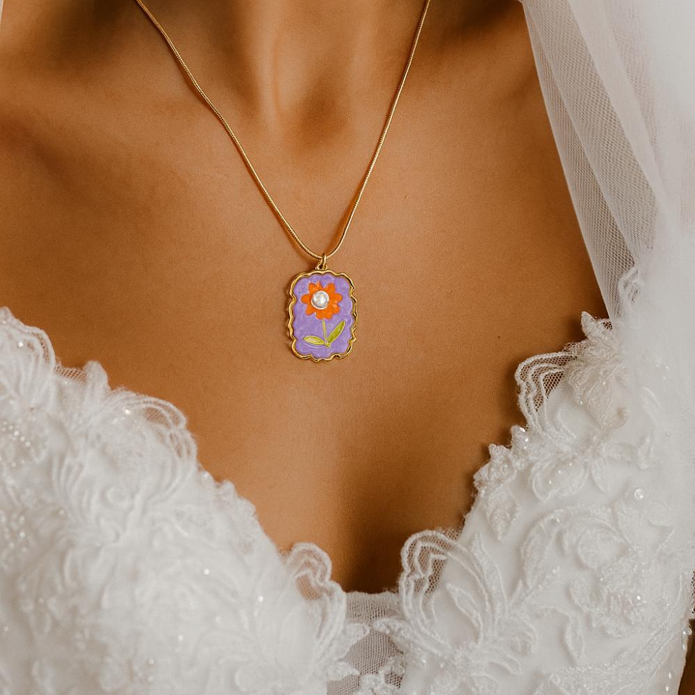 Dripping Oil Stainless Steel Chain Necklace Flower Clavicle Chain Sunflower Enamel Necklace Women