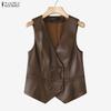Women Casual V-Neck Sleeveless Faux PU Leather Cardigan Vest