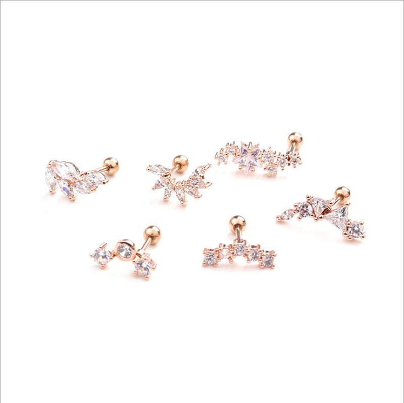 1 шт. новые серьги-гвоздики из нержавеющей стали с изображением листьев и звезд, блестящие серьги-гвоздики для ушей с кубическим цирконием, ювелирные изделия для пирсинга