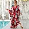 EDOLYNSA Red Tie-dye Printed Bikini Cover-up Swimsuit Robe Casual V-neck Side Slit Summer Beach Skirt Women's Beachwear Swimsuit Cover-up Q1297