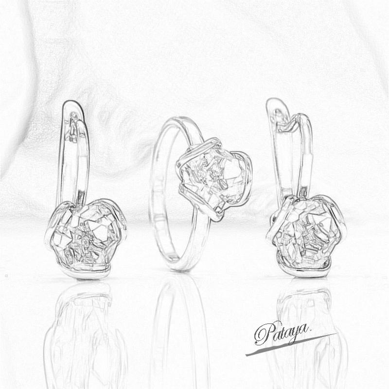 PATAYA Комплект из сережек и колец с инкрустированным зеленым искусственным цирконием розового золота