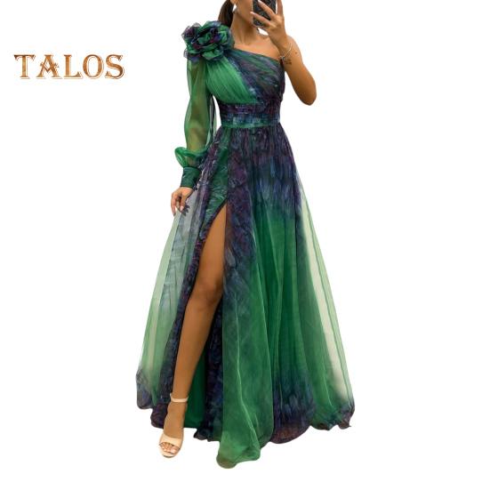 Женское вечернее платье с 3D-цветочным декором на одно плечо, плиссированное, сетчатое, банкетное платье, одно плечо, длинный рукав, тонкая талия, А-силуэт, длина до пола, разрез, подол, шар