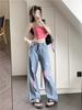 Autumn Fashion Women's Ripped Denim Trousers with Holes Washed Blue Straight Wide Leg Loose Vintage Sexy Casual Jeans Korean Y2k