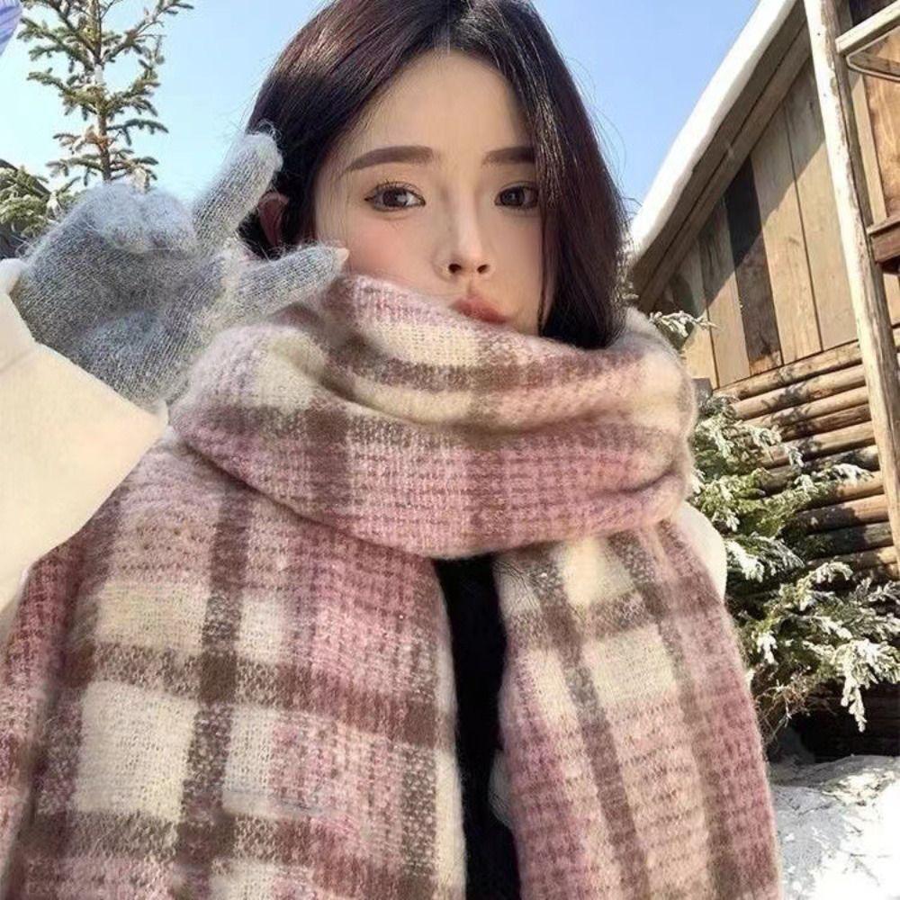 Mohair Winter Cashmere Scarves Tassel Long Shawl Retro Plaid Wool Scarf Girl