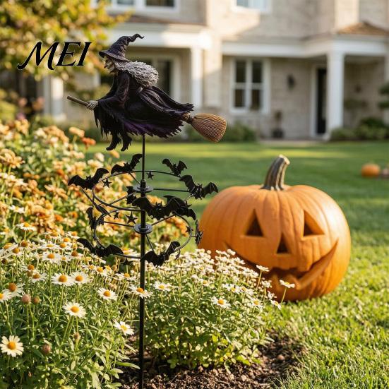 Whimsical Witch Silhouette Garden Wind Spinner, Halloween Yard Art Metal Outdoor Decorative Spinner Stake, Flying for Lawn Patio Pathway Fall