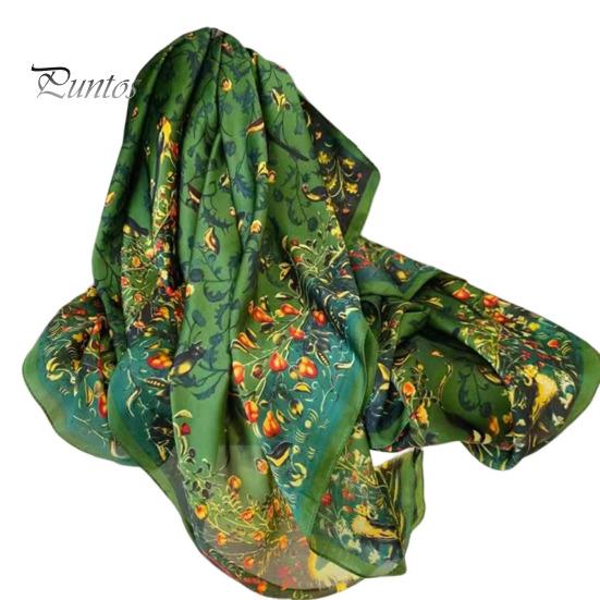 Rectangle Shawl Sunscreen Exquisite Faux Silk Scarf Women Green Printed Peacock Pattern Costume Accessories