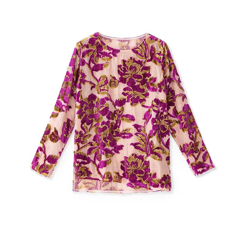 Luxury Women's Long Sleeve Flocked Top with Bright Silk Burnout Design