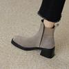 Новые серые эластичные короткие ботинки женские простые с квадратным носком на толстом высоком каблуке ботинки Мартин из матовой замши короткие ботинки