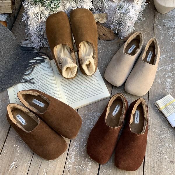 2025 Autumn and Winter New Flat-bottomed French Retro Square Head Single Shoes Women's Shoes Velvet Warm Beanie Shoes