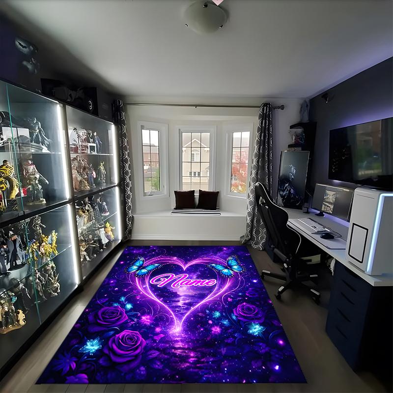 1PC Custom Name Butterflies Heart Theme Floor Mat Ideal for Living Room, Game Rooms, Office, Bedroom,Floor Mat Playful Design
