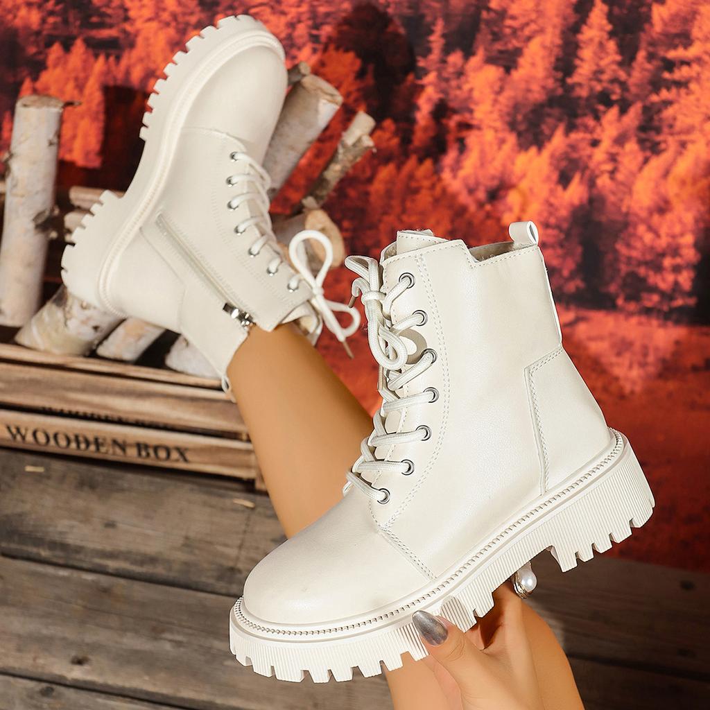 Модная женская обувь Удобные туфли на низком каблуке Кожаная обувь Модные ботинки на шнуровке на платформе Боевые ботинки Женские зимние теплые ботильоны из короткого плюша