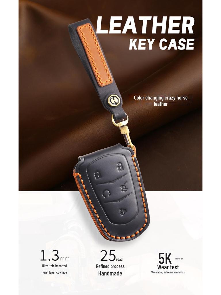 Чехол для ключа автомобиля из натуральной кожи и цепочка Cadillac XT4/XT5/XT6 - Ручная работа и высококлассный дизайн