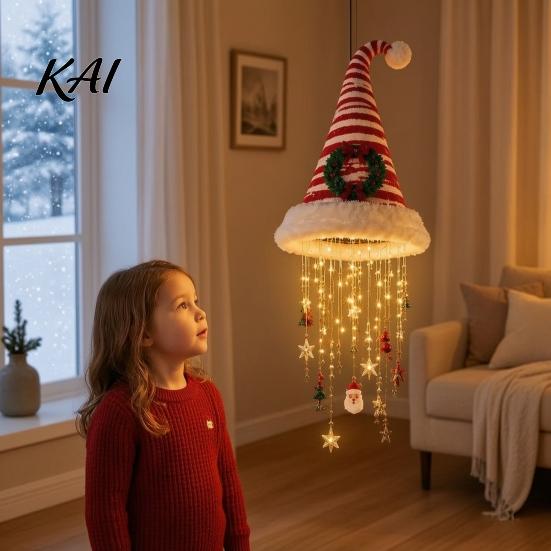 Seasonal Home Decoration Accessories Light?Up Santa Hat Hanging Chandelier DIY Kit, Warm LED Christmas String Lights Decorative Ornament Pendant