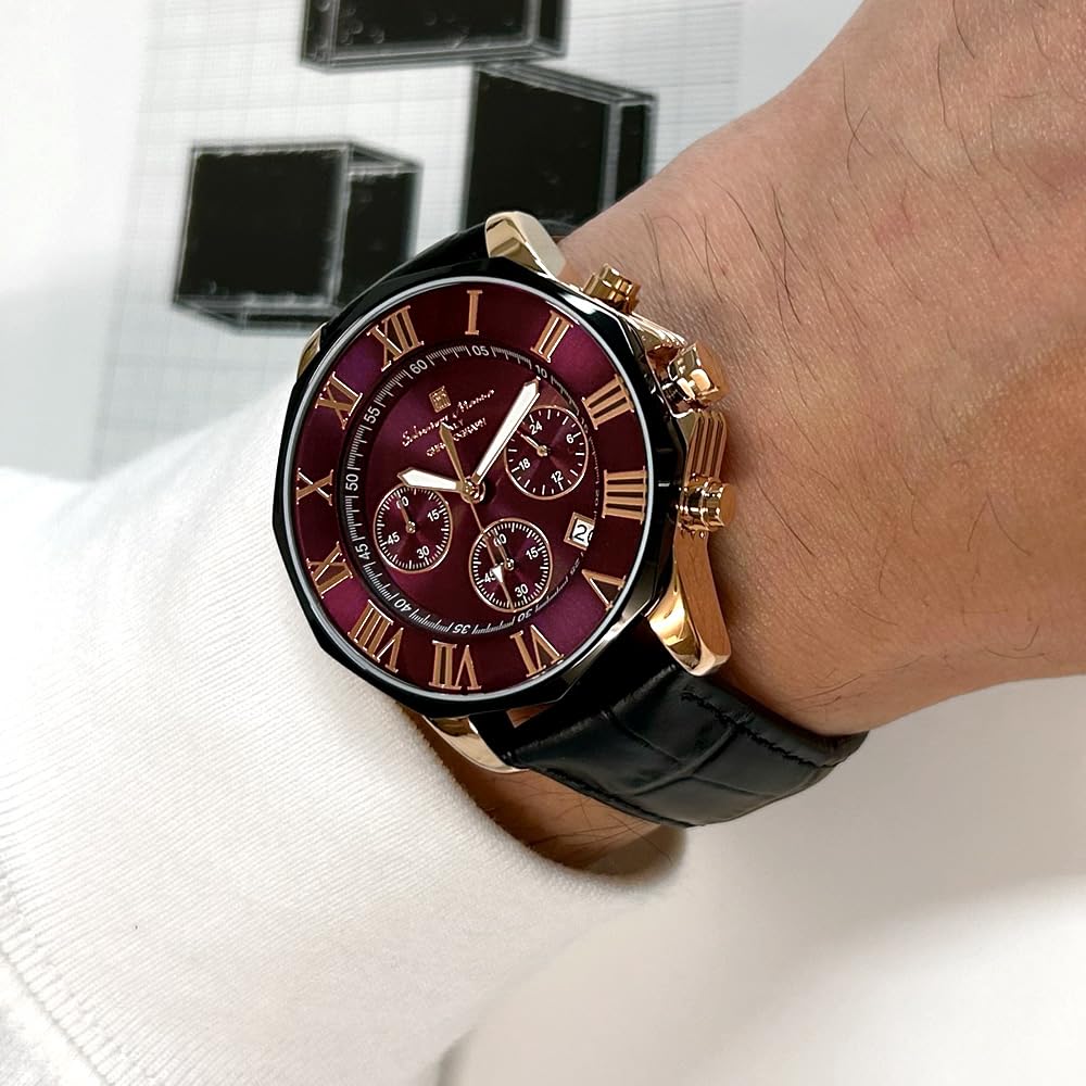 Salvatore Marra Red Chronograph 10 ATM Water Black Leather Burlap Men's Wristwatch, Resistant, Strap, Pattern, SM15104-PGPLLE