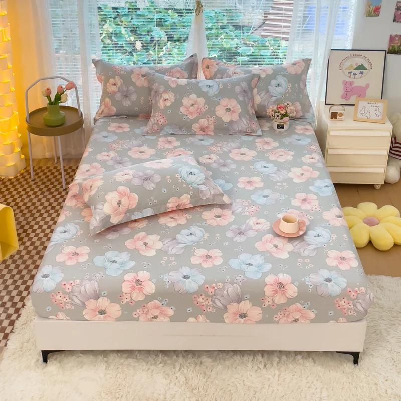 1pc 100%Cotton Bed Sheet Flower Printed Mattress Cover Single/Queen/King Fitted Bedsheet Double Bed Sheets (without Pillowcase)
