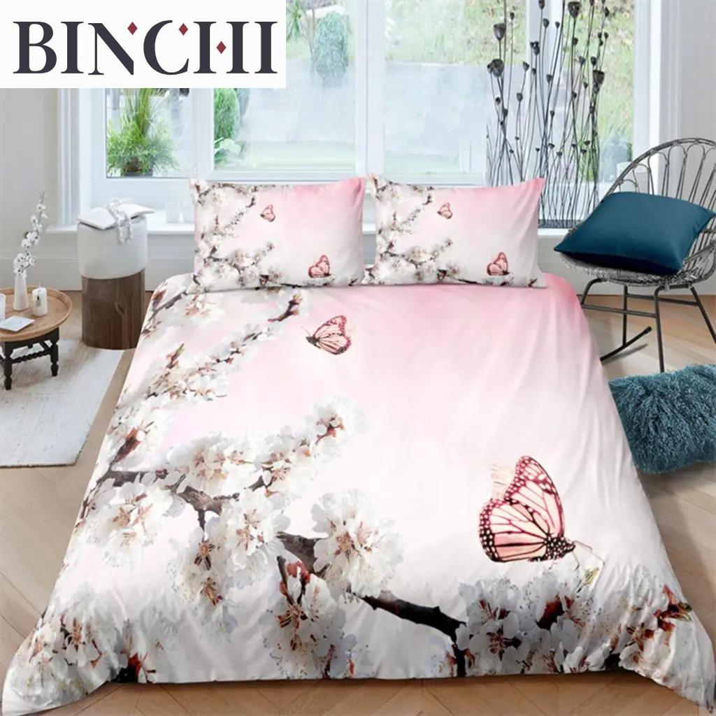Plum Blossom Duvet Cover Collection King Pink Flower Quilt Cover For Girls Microfiber Branches Printed Bedding Collection