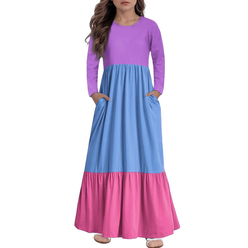 Girls' Maxi Dress Casual Holiday Dresses - Long Sleeve Dress With Pockets For 4-14Y