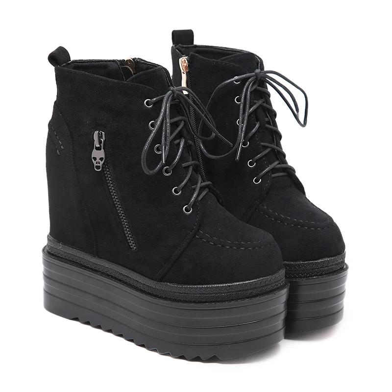 Модные женские трендовые ботинки на платформе 14 см, модный дизайн с боковой молнией и ремешком с пряжкой, стильные ботинки до середины икры на танкетке, увеличивающие рост