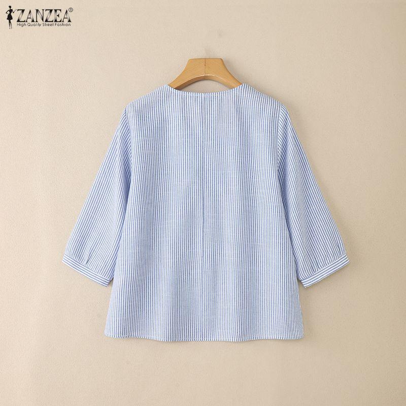ZANZEA Women Casual V-Neck 3/4 Sleeve Loose Stripe Blouse