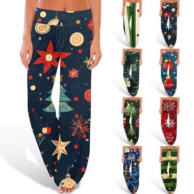 Женские удобные брюки-слип с рождественским принтом, широкие брюки на шнурке, повседневные брюки