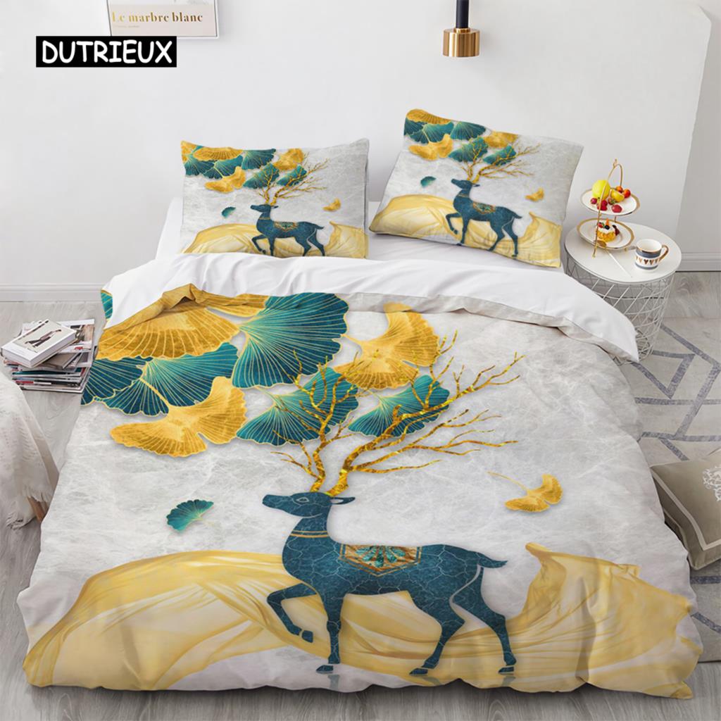 Пододеяльник с изображением оленя, размер King Queen, комплект постельного белья с рисунком золотого оленя для подростков и взрослых, пододеяльник с наволочкой