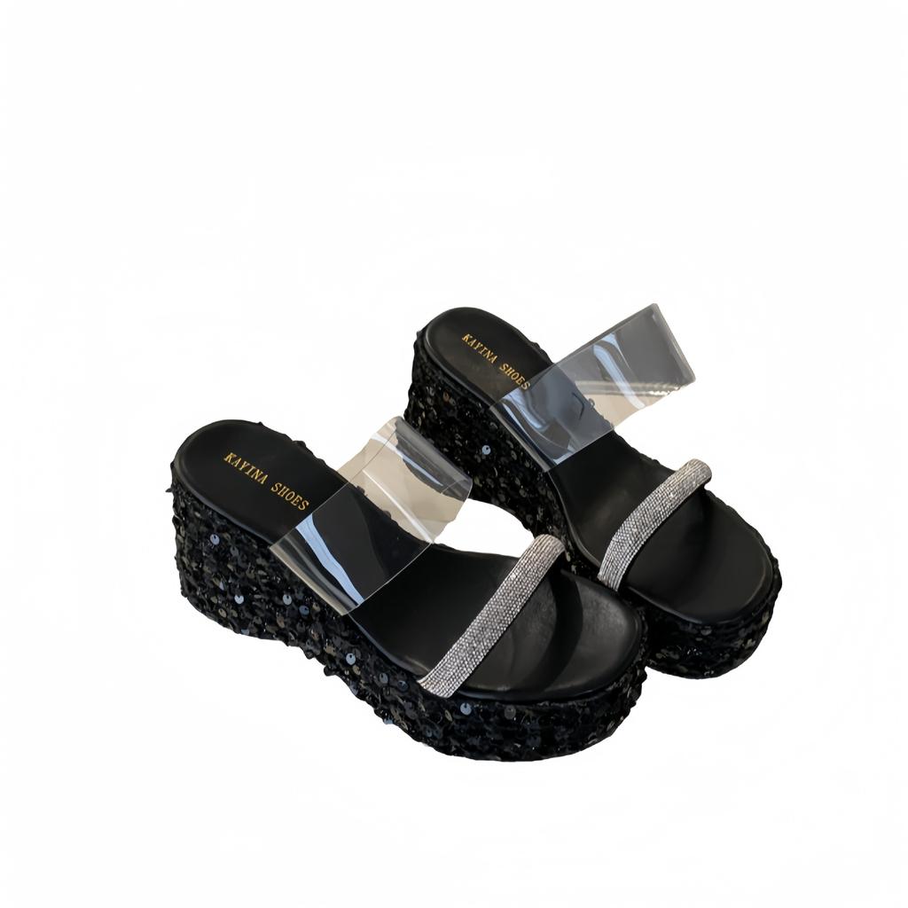 Rhinestone Slippers Women's 2025 New Summer Versatile Outer Wear One-word with Waterproof Table Thick-soled Thick-heeled High Heels