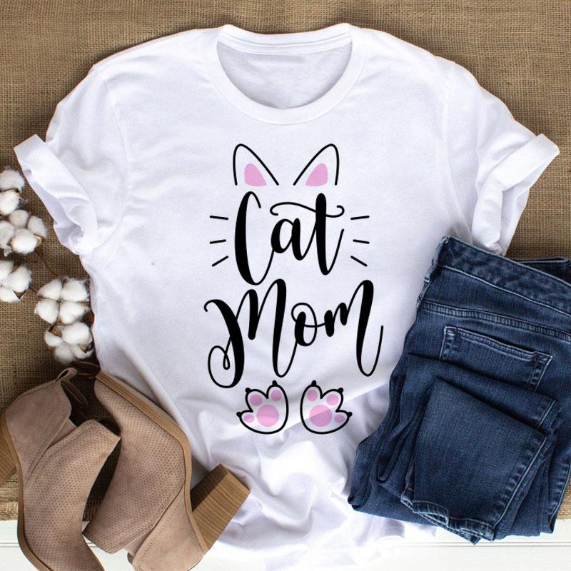 100% Polyester Women's Summer Casual Top with Cute Cat Dog Paw Print round Neck Short Sleeve T-shirt Fashion High Street Style gift